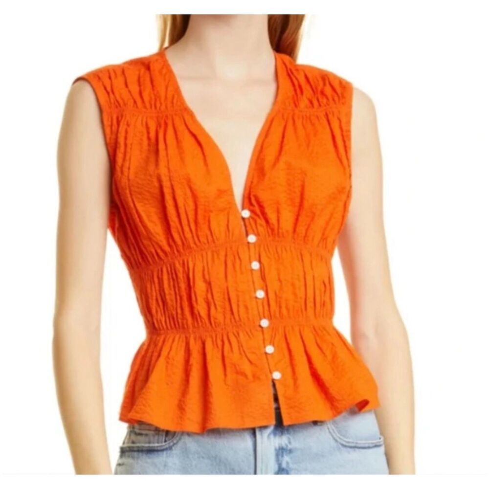 Frame Ruched Orange Sleeveless Button Down Plunge V Neckline, Peplum Silhouette